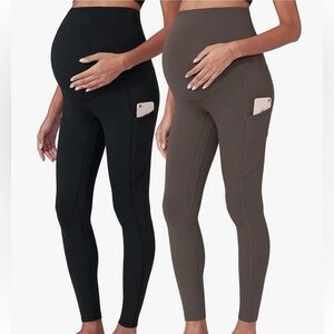 Poshdiva Pair of Maternity High-Waist Pocket Leggings - Black & Taupe • Like New